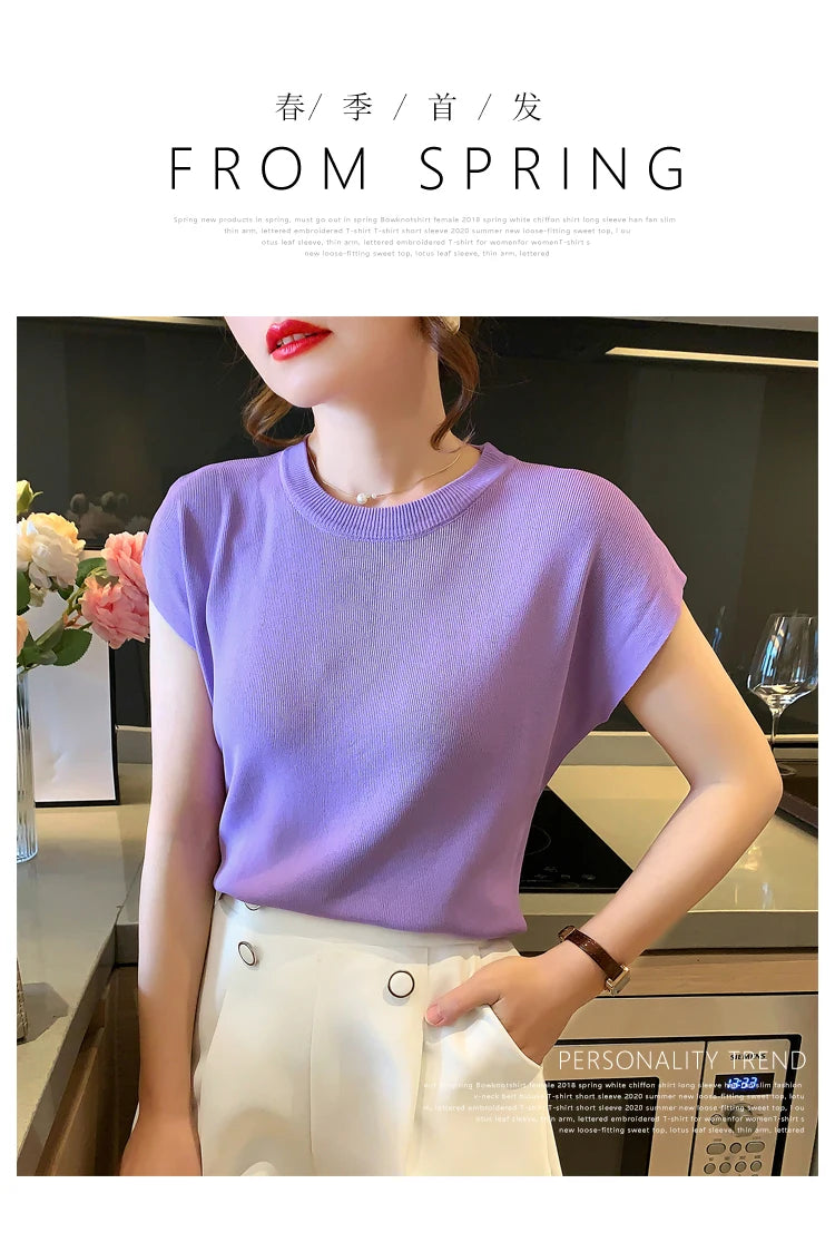 2024 Summer Womens Sweater Short Sleeve O-neck Slim Fit Knitted Pullovers Bottoming Casual Knitwear Pink Clothes