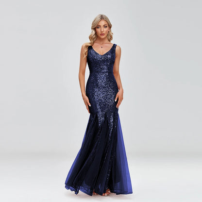 2023 New Women Elegant Double V-neck Cocktail  Dress Sexy Mermaid Sequin Women Floor length Party Dress Sexy Evening Vestido De