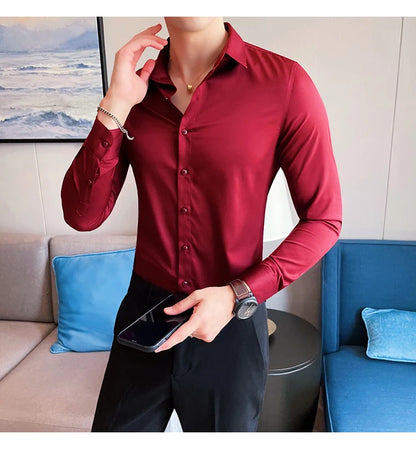 10Color High Quality Solid Dress Shirt Men Simple Long Sleeve Slim Fit Business Shirts Homme Social Casual Shirt Plus Size 5XL-M