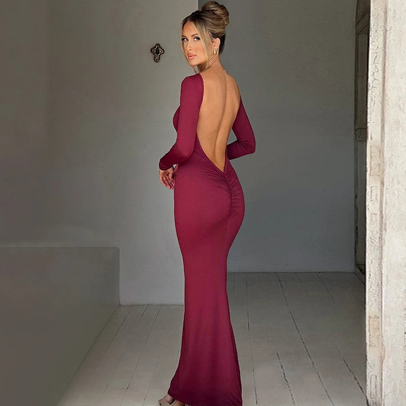 Hugcitar Spring Elegant Long Sleeve Backless Solid Cuched Sexy Bodycon Maxi Prom Dress Women Outfit Evening Party Festival Y2K