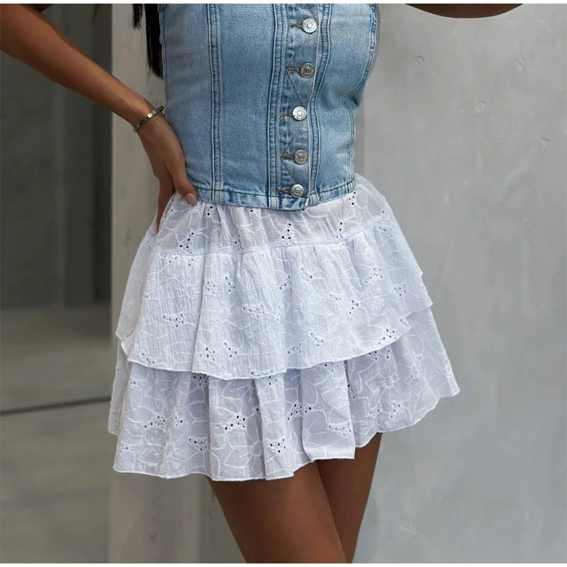 Elegant White Ruffled High Waist Mini Skirt For Women Fashion Casual Pleated Fluffy A-line Skirts Summer Lady Party Casual Skirt