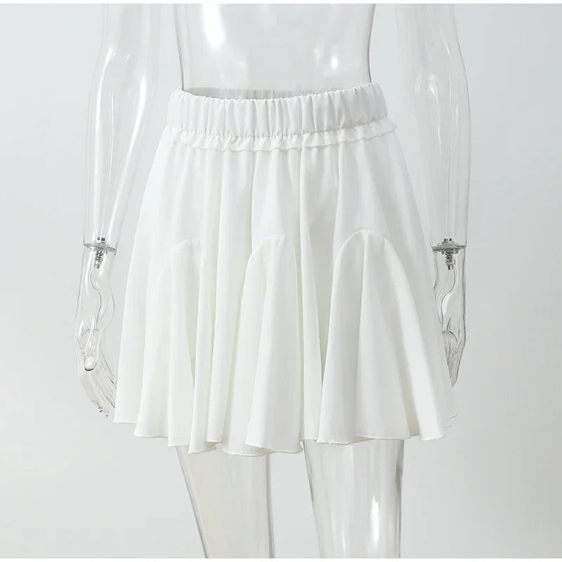 Elegant White Ruffled High Waist Mini Skirt For Women Fashion Casual Pleated Fluffy A-line Skirts Summer Lady Party Casual Skirt