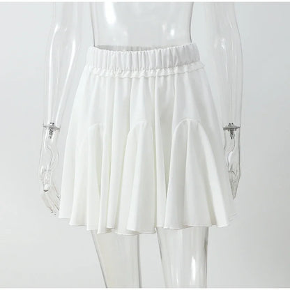 Elegant White Ruffled High Waist Mini Skirt For Women Fashion Casual Pleated Fluffy A-line Skirts Summer Lady Party Casual Skirt