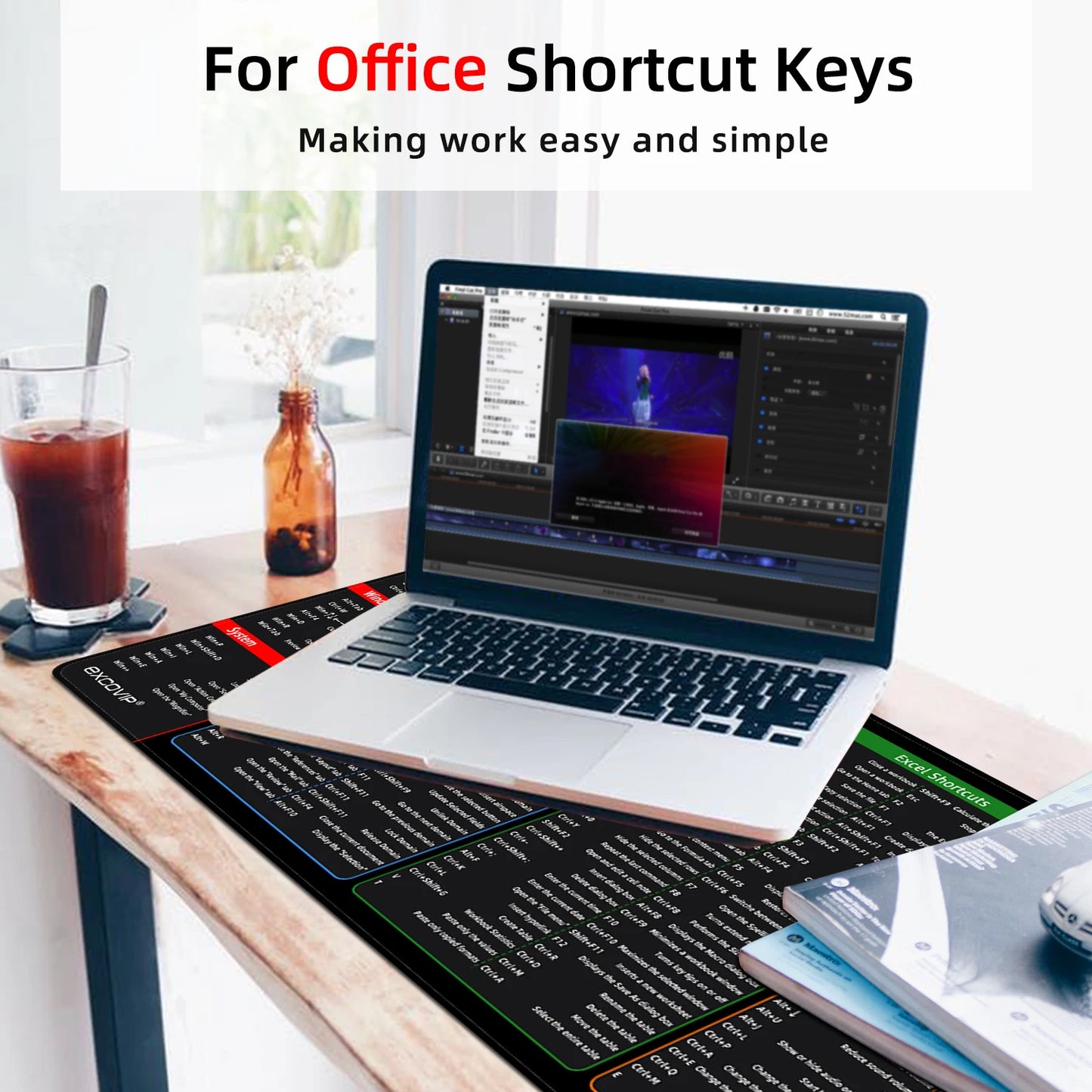 EXCO Office Shortcuts Mouse Pad Grande Estendido Excel Powerpoint Word Software Gaming Desk Teclado Mousepad com Borda Costurada