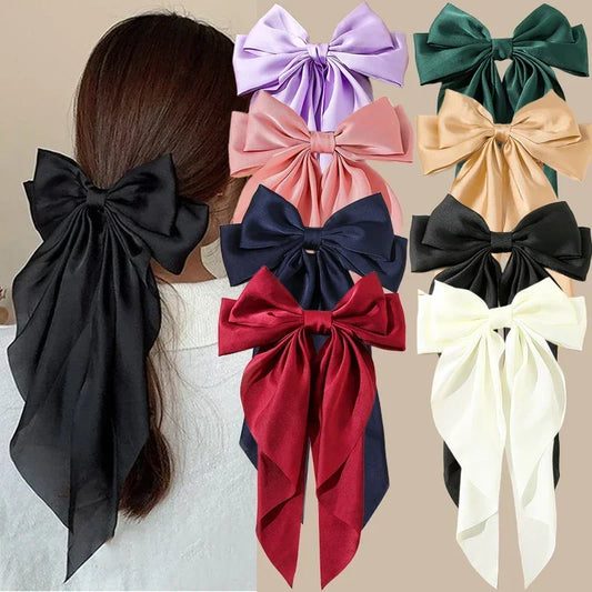 Korean Accessories Hair Clips for Women Girls Big Bowknot Solid Satin Long Ribbon Bows Spring Clamp Barette Cheveux Femme 2023