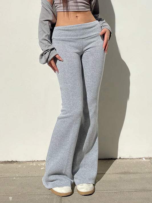 Gray Slim Low Waist Casual Sweatpants For Women Black Solid Simple Basic Flared Pants Sports Jogging Trousers