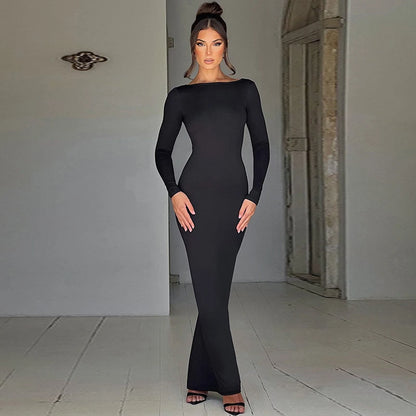 Hugcitar Spring Elegant Long Sleeve Backless Solid Cuched Sexy Bodycon Maxi Prom Dress Women Outfit Evening Party Festival Y2K