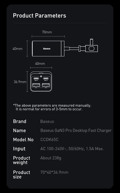 Baseus 65W/100W GaN Charger Desktop Laptop Fast Charger 4 in 1 Adapter For iPhone 15 14 13 Pro Max Phone Charger Xiaomi Samsung