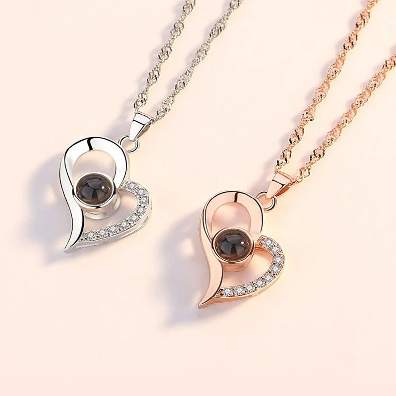 Projection Necklace Set With Rose Gift Box 100 Languages I Love You Heart Pendant Jewelry 2023 Hot Sale Accessories Dropshipping