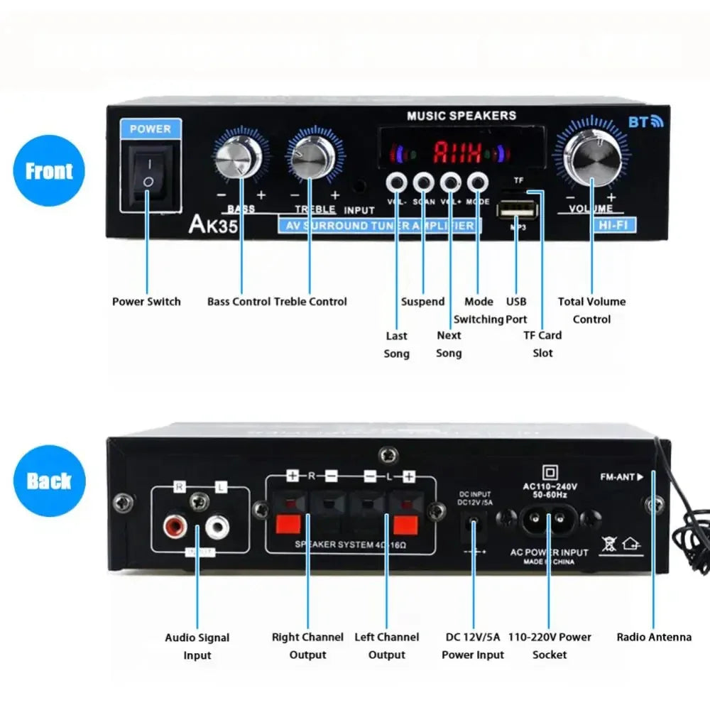 HiFi Digital AK35 Bluetooth Amplifiers MP3 Channel 2.0 Sound AMP Support 110V-240V for Home Car FM USB Remote Control