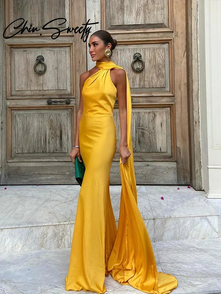 Party Satin Ribbon Halter Evening Dress Women Sexy Backless Off Shoulder Sleeveless Solid Long Female Dresses 2024 Lady Robes