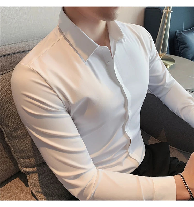 Plus Size 4XL-M High Elasticity Seamless Shirts Men Long Sleeve Top Quality Slim Casual Luxury Shirt Social Formal Dress Shirts