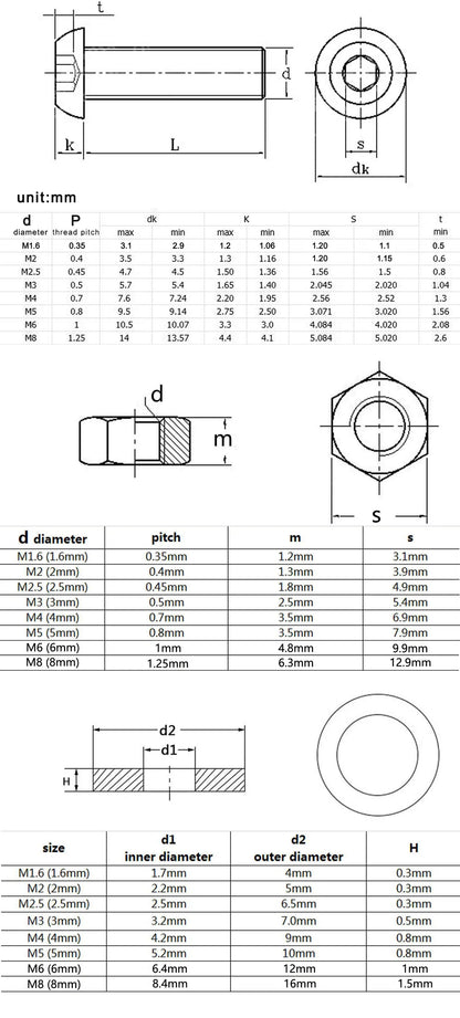 1 Box M1.6 M2 M2.5 M3 M4 M5 M6 M8 304 Stainless Steel Hex Hexagon Socket Allen Button Head Screw Bolt Nut Assortment Kit ISO7380