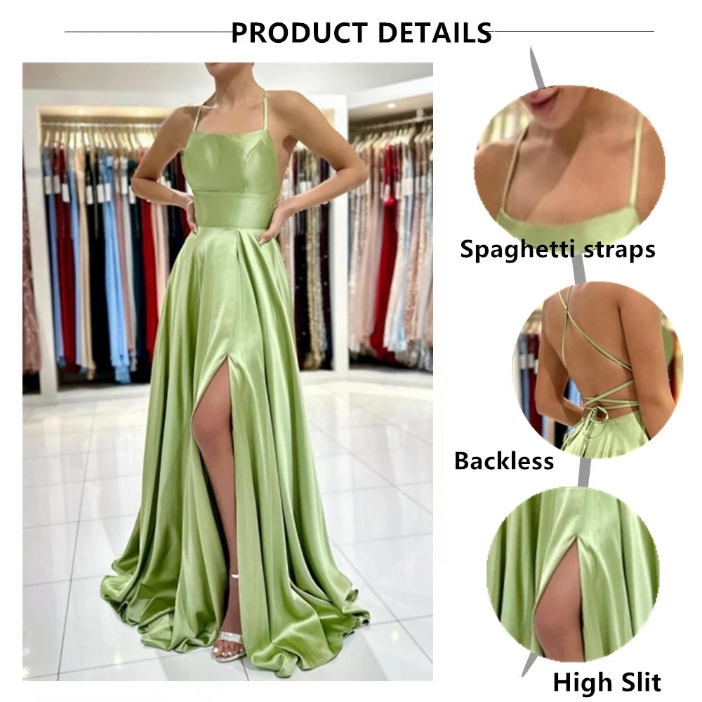 2024 Simple Spaghetti Straps Sexy Slit Ladies Blue A-line Long Satin Evening Dresses For Women Wedding Prom Party Gowns Vestidos