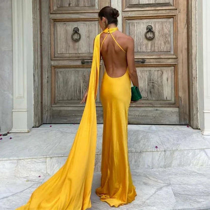 Party Satin Ribbon Halter Evening Dress Women Sexy Backless Off Shoulder Sleeveless Solid Long Female Dresses 2024 Lady Robes