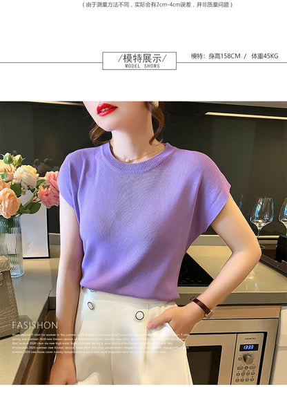 2024 Summer Womens Sweater Short Sleeve O-neck Slim Fit Knitted Pullovers Bottoming Casual Knitwear Pink Clothes