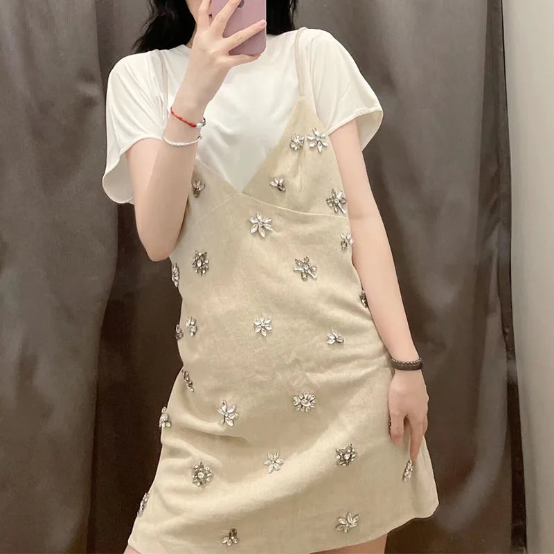 Handmade Diamond-Studded Suspender Dress for Women European American Retro Style Solid Color Hot for Summer 2024 Casual Dress