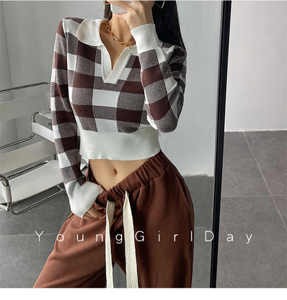 Autumn Winter Vintage Knitwear Crop Tops Women Pullover Sweaters Fashion Female Long Sleeve Elastic Casual Plaid Knitted Shirts