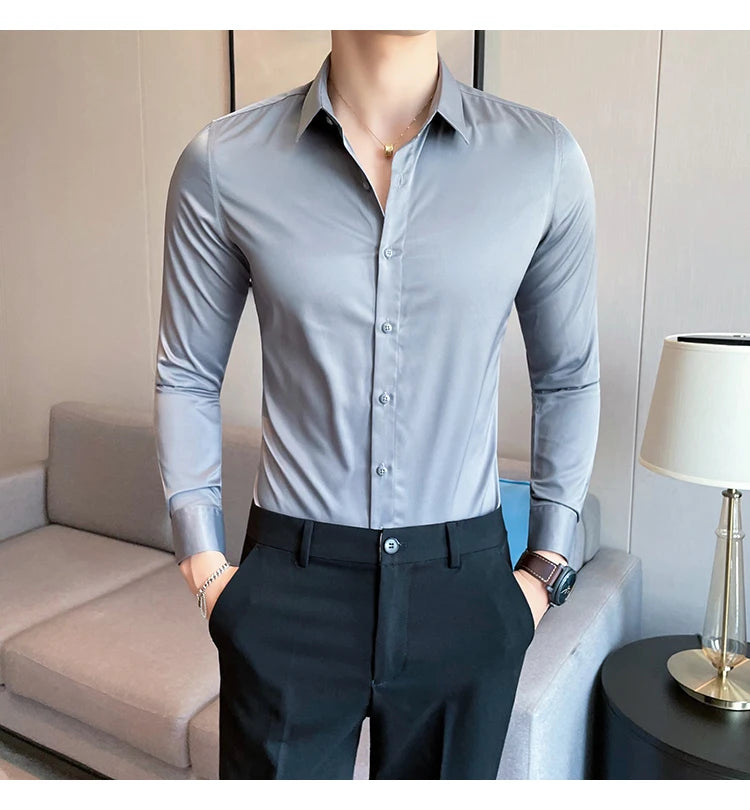 10Color High Quality Solid Dress Shirt Men Simple Long Sleeve Slim Fit Business Shirts Homme Social Casual Shirt Plus Size 5XL-M