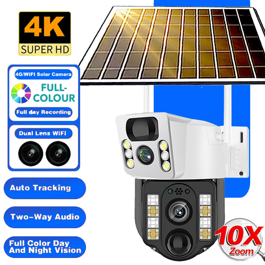 4K Solar Camera 4G SIM Card WiFi Dual Lens 8MP HD Night Vision IP CCTV Surveillance PTZ PIR Human Detection Alarm Waterproof