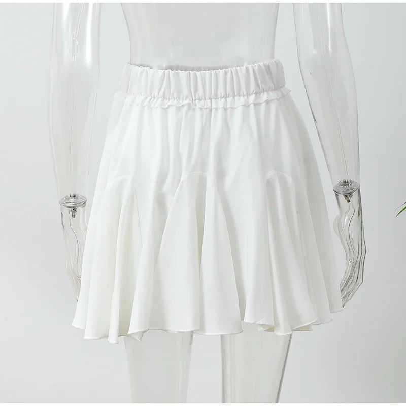 Elegant White Ruffled High Waist Mini Skirt For Women Fashion Casual Pleated Fluffy A-line Skirts Summer Lady Party Casual Skirt