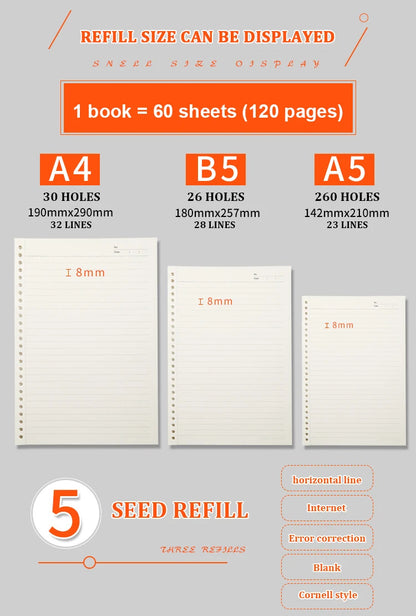 A4/B5/A5 Folhas Soltas Recarga Caderno Em Branco/Linha/Grade/Cornell Substituível Anel de Metal Material de Escritório e Escola Papelaria