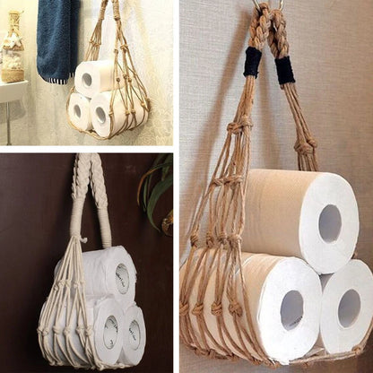 New Storage Net Pocket Bathroom Hand Woven Toilet Paper Roll Storage Net Pocket Retro Bathroom Decoration Book Storage