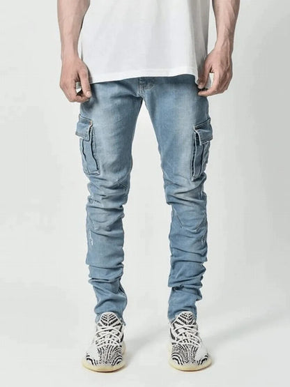 Calça Jeans Elástica de Rua Masculina Calça Cargo Jeans Lavagem Cor Sólida Multi Bolsos Casual Cintura Média Calças Slim Fit Uso Diário Joggers