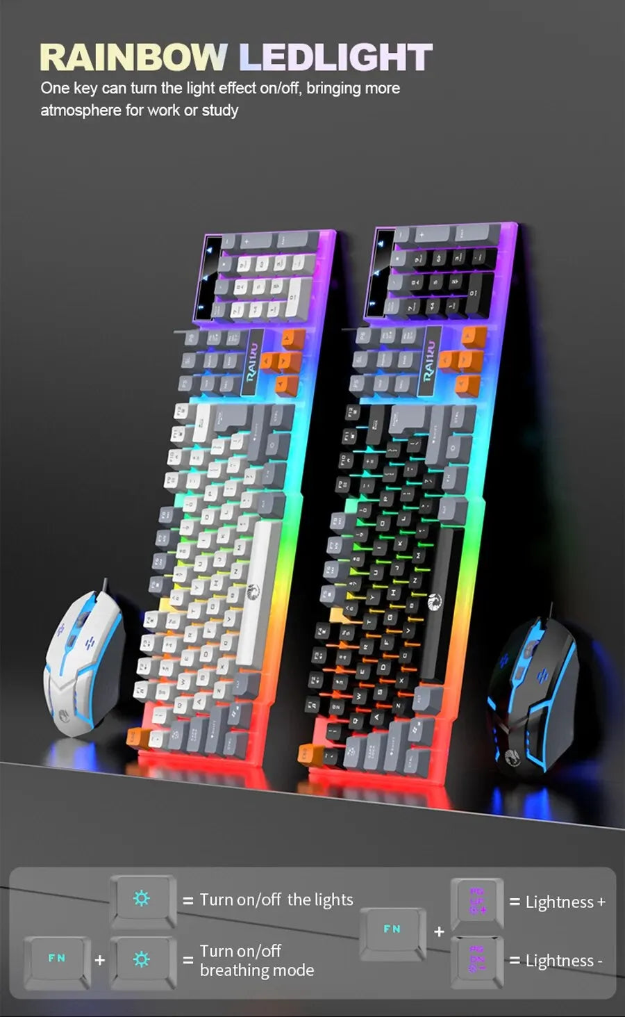 RAIKU T26 Wired 104 Keys Membrane Keyboard And Mouse Suit Kinds of Colorful Lighting Gaming and Office For Windows and IOS