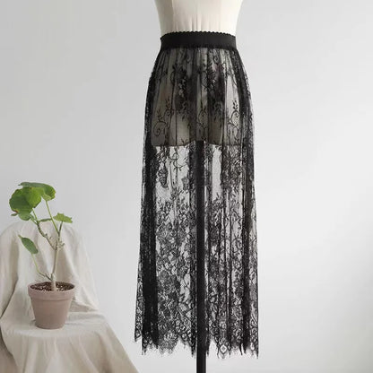 2 Length Elegant Black Skirt White Lace Transparent Long Tulle Skirt Ladies Elastic High Waist Beach Midi Skirt Drop shipping