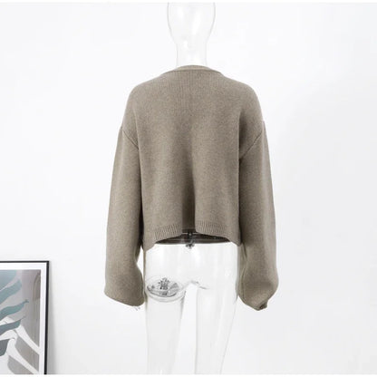 Casual Knit Single Breasted Cardigan Women Long Flare Sleeve Slim Round Neck Solid Pocket Jacket Top 2024 Autumn Lady Knitwear ﻿