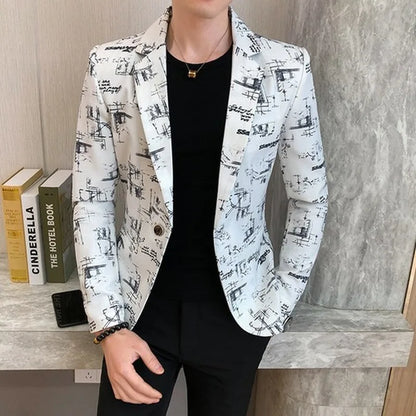 Men Blazer 2024 Spring Fashion High-quality Men Korean Version of The Printed Slim Formal Wedding Party Prom Suit Jacket