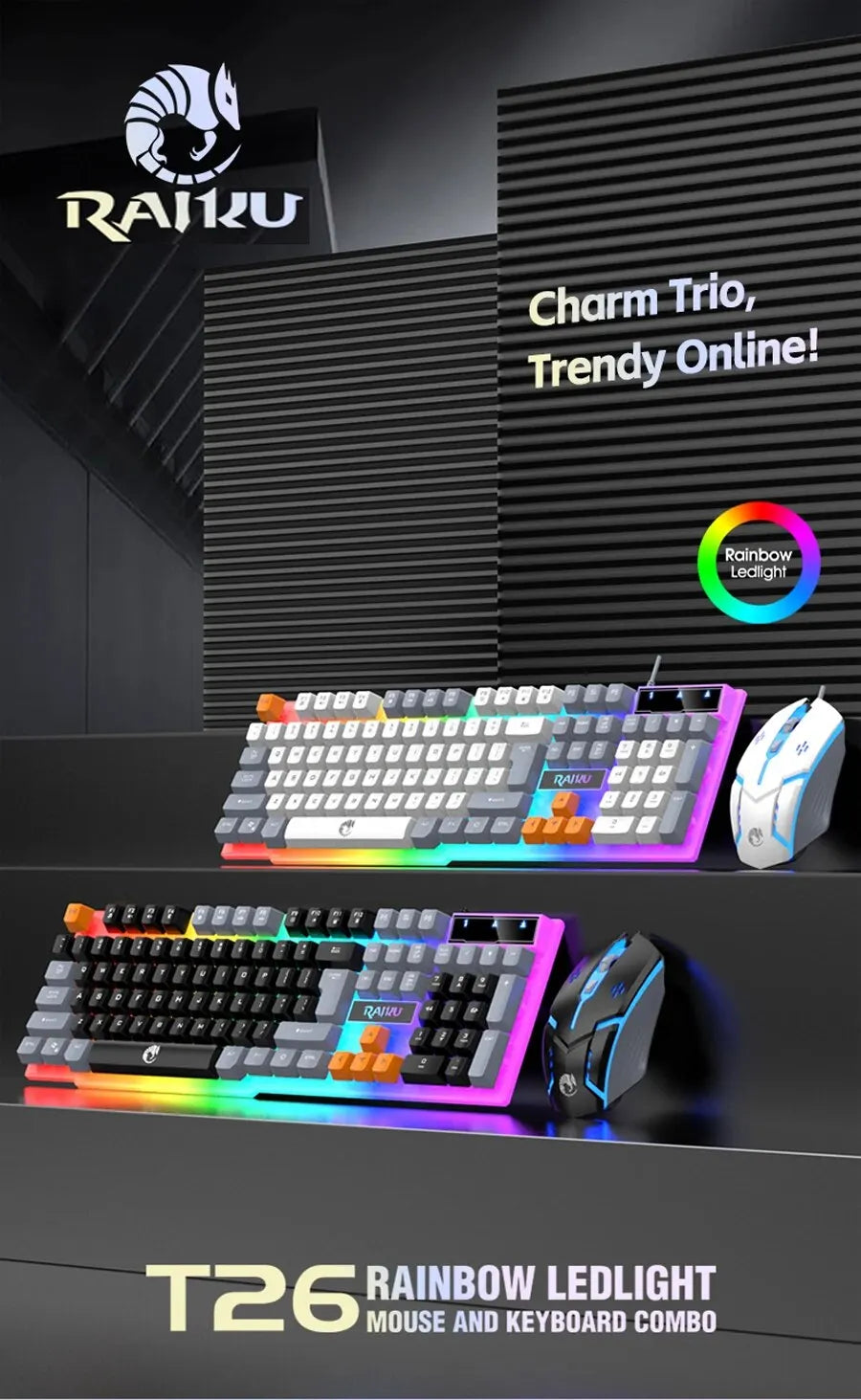 RAIKU T26 Wired 104 Keys Membrane Keyboard And Mouse Suit Kinds of Colorful Lighting Gaming and Office For Windows and IOS