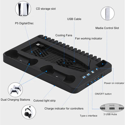 GAMINJA P58 P5 Stand Cooling Station With RGB Light Cooling Fan Dual Controllers Charger For Playstation 5 Game PS5 Accessories