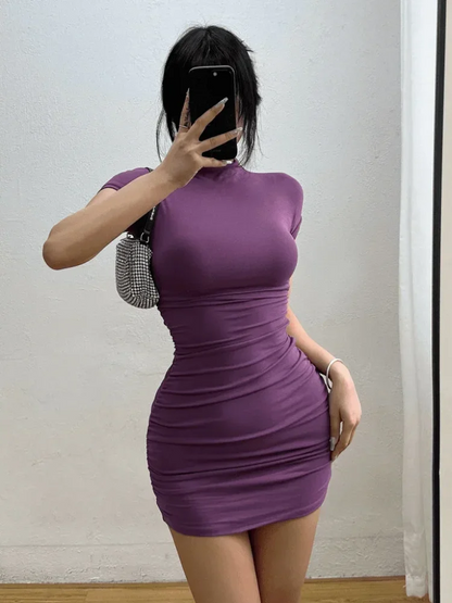 Sexy Tight Half High Collar Pleated Waist Mini Dress Spicy Girls Slim Dresses Bodycon Women Vestidos Cortos Party Mujer Clothing