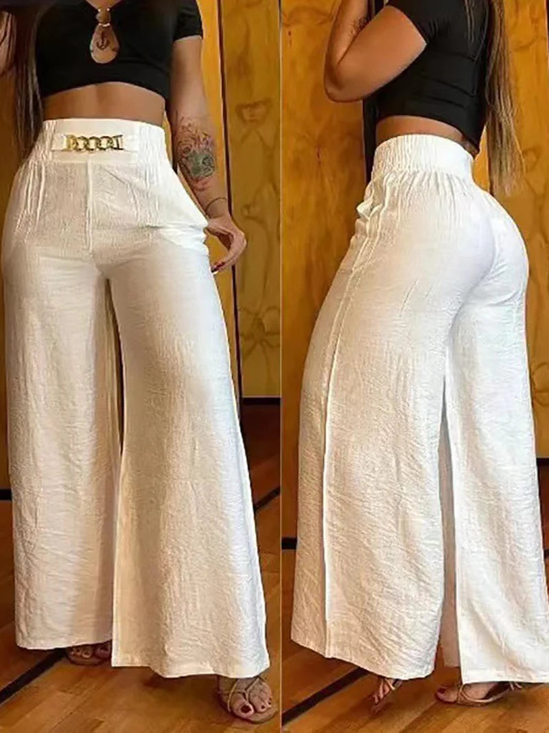 High Waist Solid Color Wide Leg Pants Women Elegant Loose Metal Casual Trousers Streetwear Summer Office Ladies Straight Pants