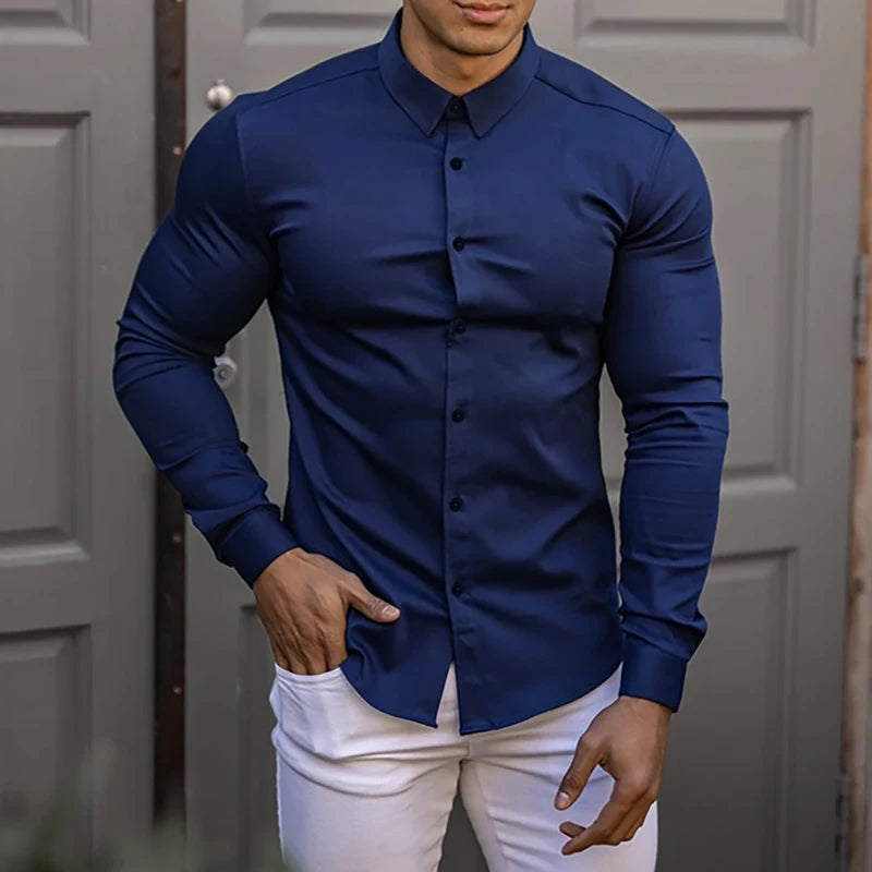 Autumn Fashion Casual long Sleeve Shirt Men Super Slim Social Business Dress Shirt Solid Undershirt Mens Fitness Sports Clothing