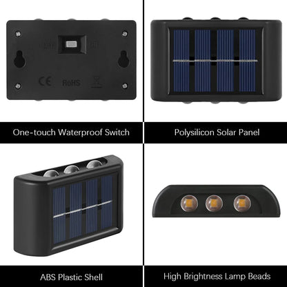 6LED Solar Lights, Outdoor Waterproof Atmosphere Wall Lamp,Up And Down Light Control for Garden Yard Street Balcony Terrace Deco