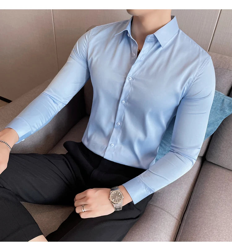 10Color High Quality Solid Dress Shirt Men Simple Long Sleeve Slim Fit Business Shirts Homme Social Casual Shirt Plus Size 5XL-M