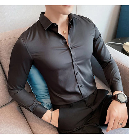 10Color High Quality Solid Dress Shirt Men Simple Long Sleeve Slim Fit Business Shirts Homme Social Casual Shirt Plus Size 5XL-M