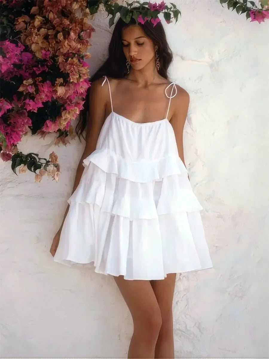 Wolfeel Sexy Loose White 100% Cotton Women's Dress Summer Strap Sleeveless Mini Dresses Classic Ruffle Female Beach Dress