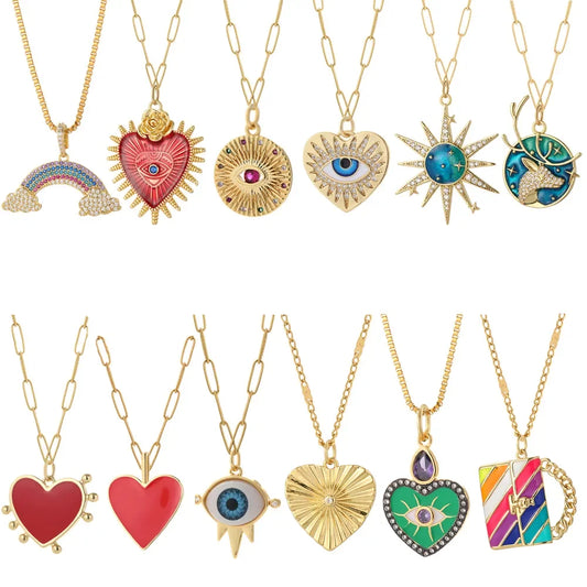 Cute Heart Sun Moon Star Evil Blue Eye Necklace for Women Gold Color Dijes Rainbow Red Love Pendant Long Stainless Steele Chains