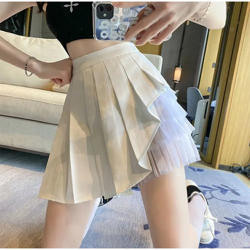 Elegant White Ruffled High Waist Mini Skirt For Women Fashion Casual Pleated Fluffy A-line Skirts Summer Lady Party Casual Skirt