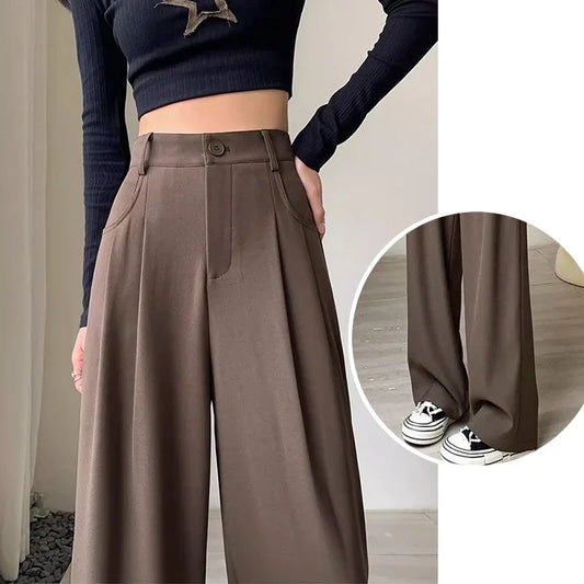 2024 Women Fashion Suit Pants Lady Comfortable Summer High Waist Wide Leg Autumn Trousers Lady Straight Leg Coffee Classic Pants