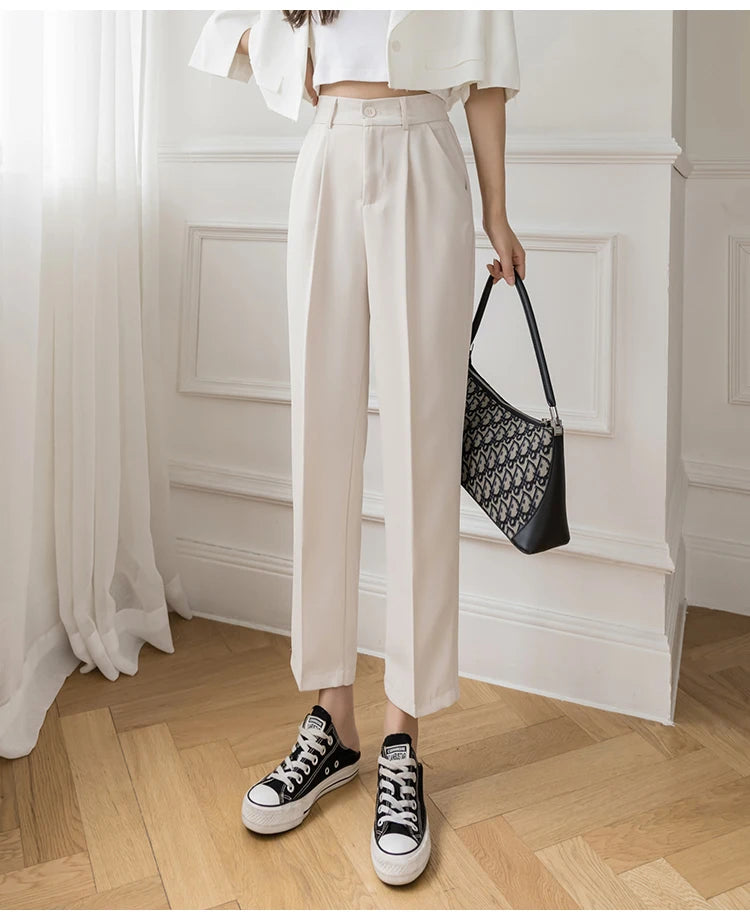 Casual Women Suit Pants 2023 Summer Fashion High Waist Black Harem Pants Female Korean Style Pocket Thin Nine Point Trousers