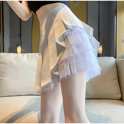 Elegant White Ruffled High Waist Mini Skirt For Women Fashion Casual Pleated Fluffy A-line Skirts Summer Lady Party Casual Skirt