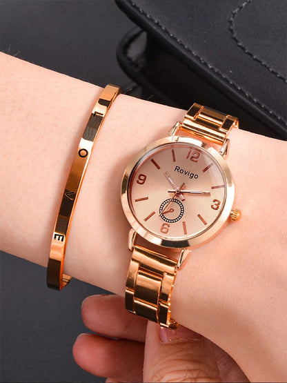 2pcs Women's Fashion Simple Silver Steel Band Quartz Watch+LOVE Bracelet Set