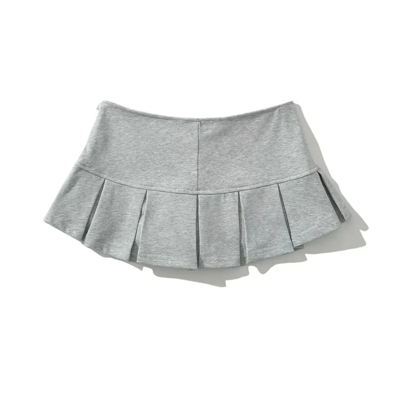 HOUZHOU Terry Fabric Y2K Mini Skirt Women Low Waist Wide Pleat Light Grey Sexy Vintage A-line Pleated Skirt Casual Skort Summer