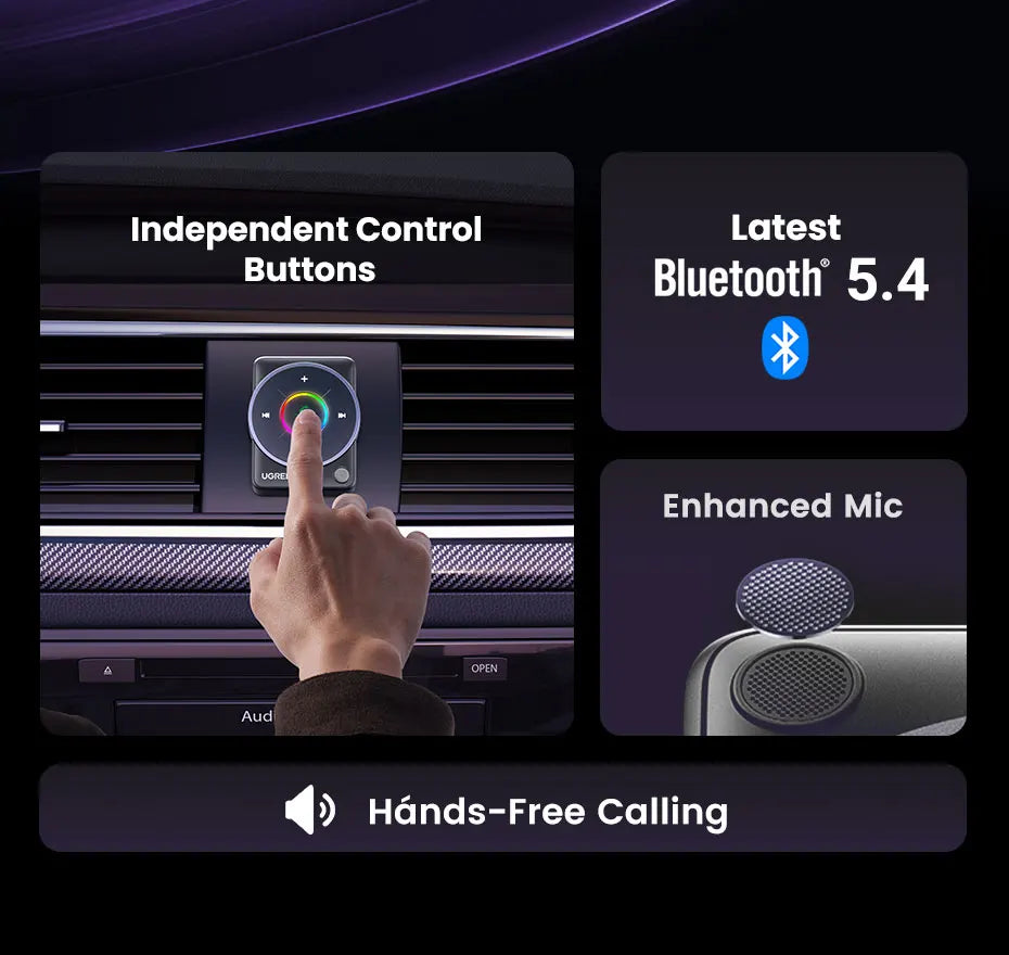 Bluetooth 5.4 Car Receiver Adapter with Mics and Noise Cancellation, USB AUX Bluetooth Receiver Car Kit Stereo Audio