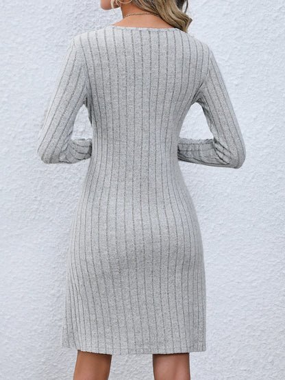 Fashion Solid Ribbed Knitted Mini Dress Women Button Long Sleeve A Line Dresses 2023 Autumn Lady Streetwear Robe